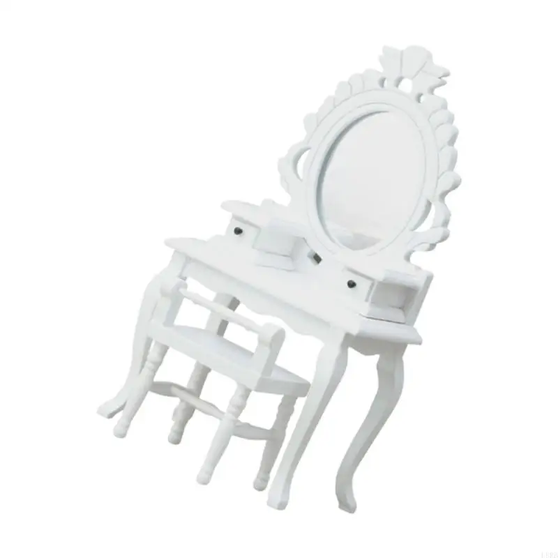 드레서 테마 1/12 스케일 모델 가구 나무 드레싱 테이블 좌석 장식 세트 L8RB