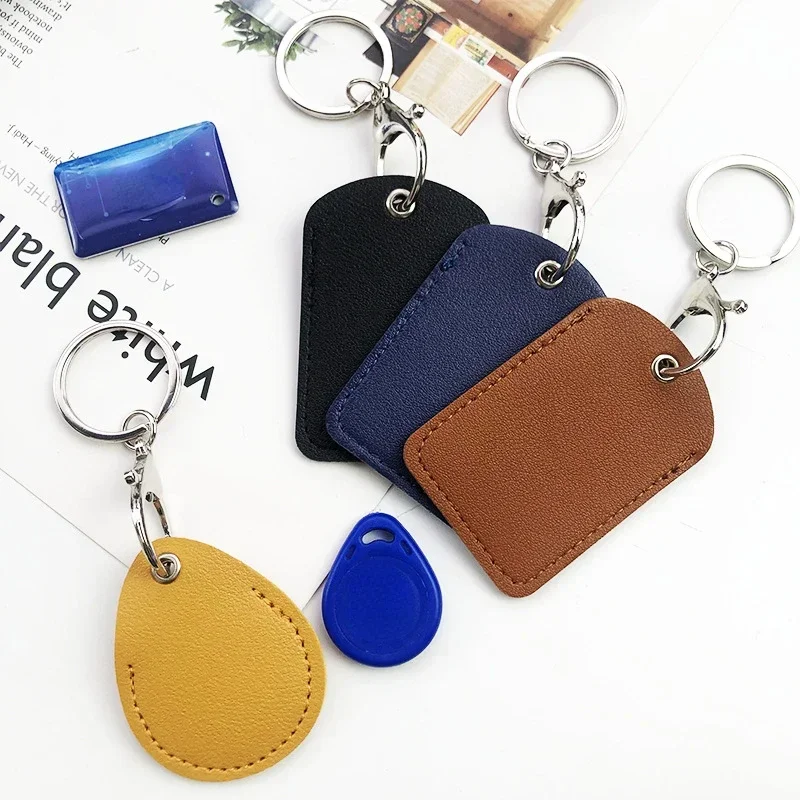 Leather Keychain Doorlock Key Ring Access Card Bag Induction Waterproof ID Card Case Key Tag Protective Case Key Tag Ring