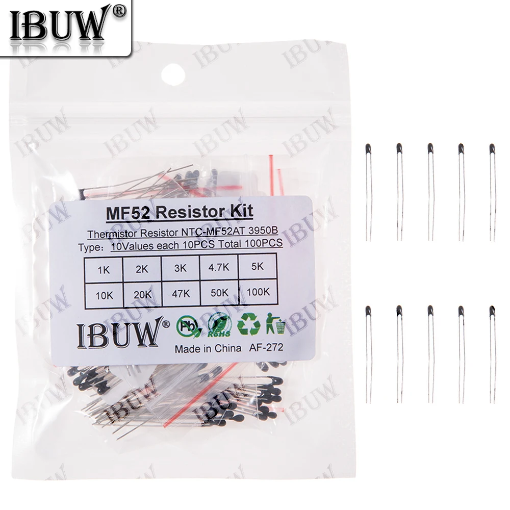 

100 шт., 10 значений, комплект термисторов MF52 NTC 1K-100K 3950B для измерения температуры и защиты от перегрева цепи 1K 2K 3K 4K 5K 6K 7K