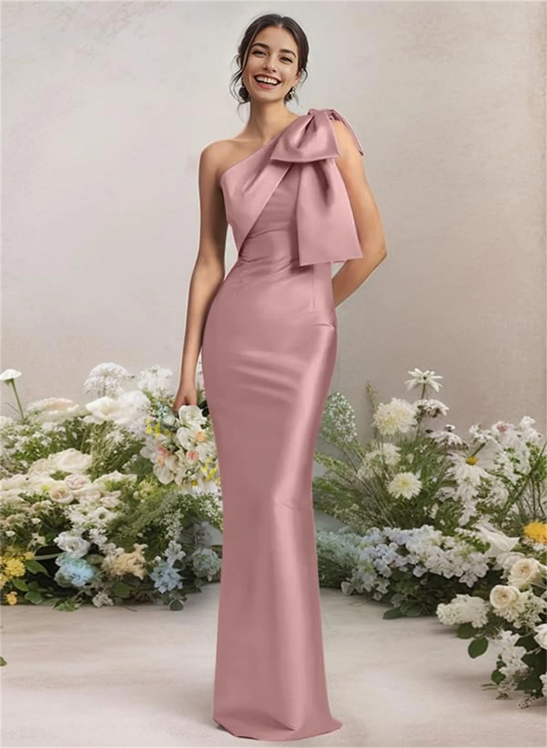 

Merida Stain Bow Prom Dress 2024 New Rose Evening Dress Split One Shoulder Cocktail Party Gowns Floor Length Fomal Dress