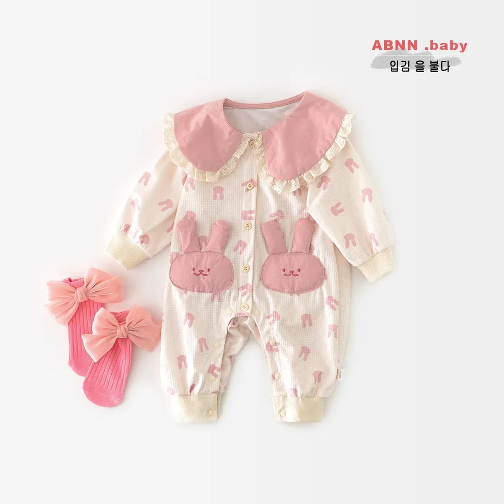 Newborn Romper 2025 Spring And Autumn New Cartoon Print Baby Girl's One Piece Clothes Pocket Jumpsuit