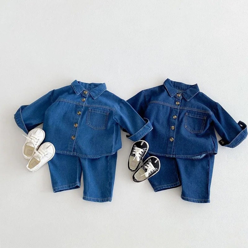 

Children's Long Sleeved Denim Set 2024 Autumn New Baby Denim Cardigan Jacket Long Pants Two-piece set Korean Casual Sportswear