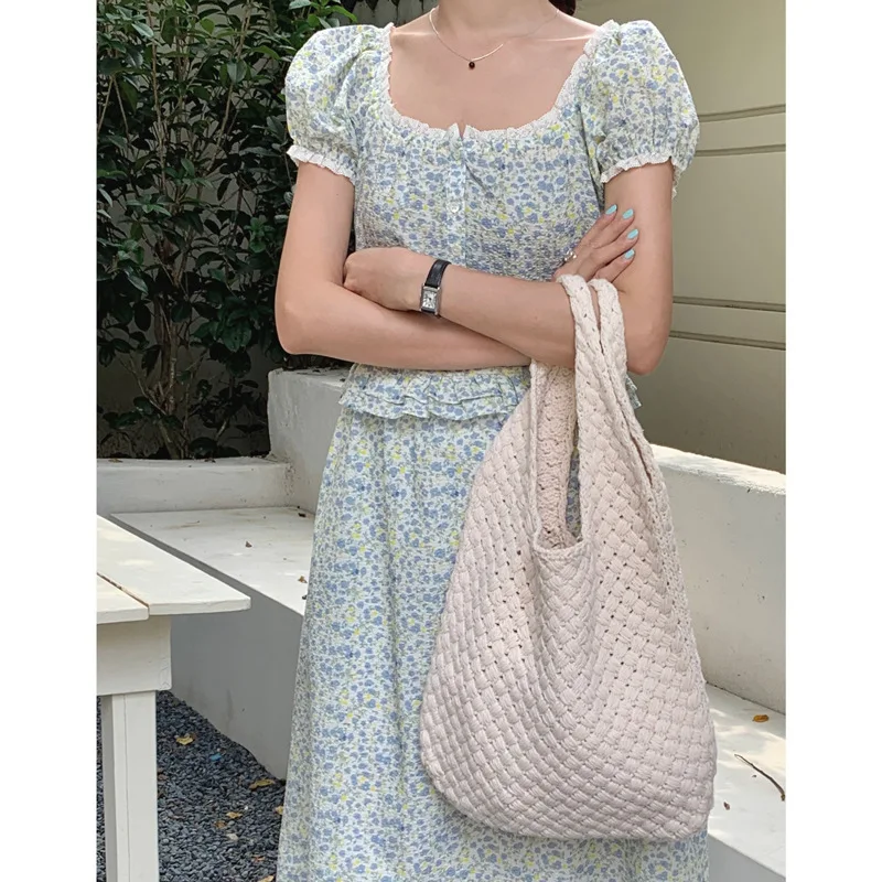 Artistic Minimalist Versatile Korean Style Knitted Shoulder Bag Large Capacity Tote Vintage Solid Color Woven Shopping Bag