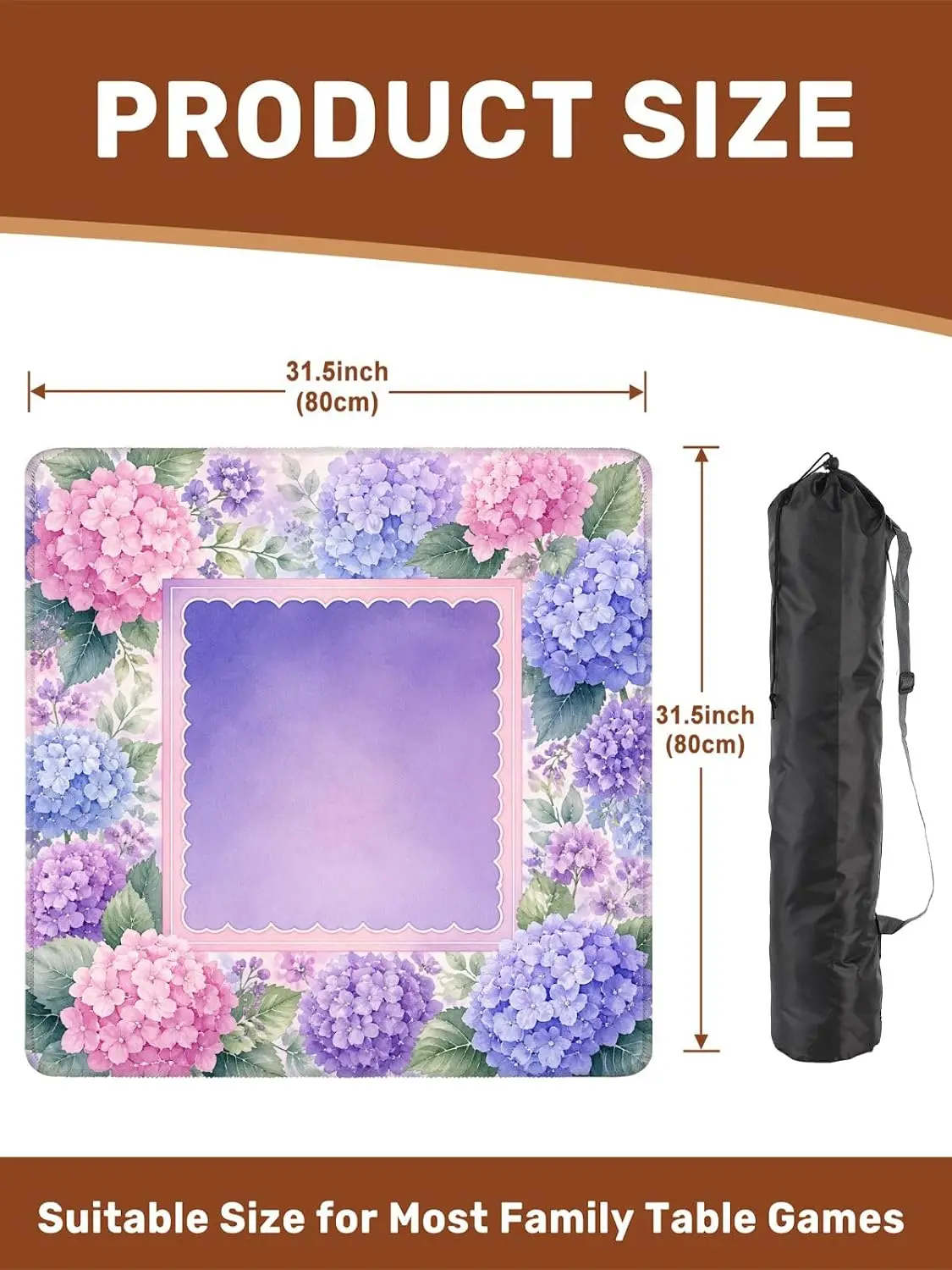 Pink Purple Blue Hydrangea Watercolor Game Mat with Carrying Bag 31.5 X 31.5 Inch Non Slip Noise Reducing for Poker Dominoes