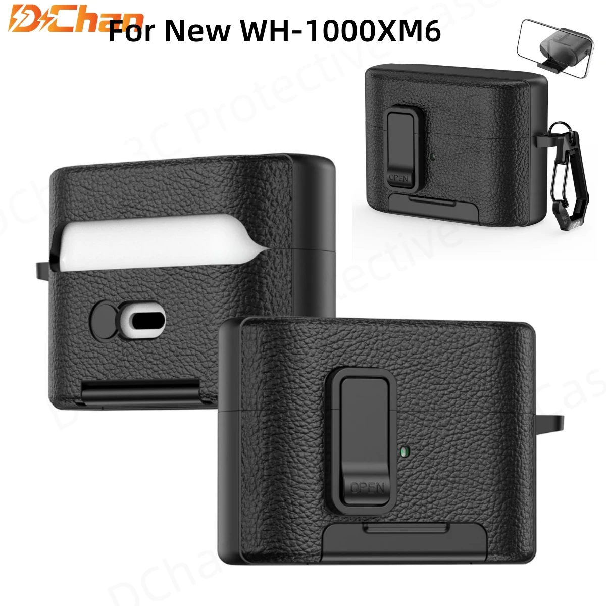 Nova Capa de Couro com Padrão Lichia para Fone de Ouvido Bluetooth Sony WF-1000XM6 2026, Suporte para Celular, Capa Protetora para Homens e Mulheres WF-1000XM6