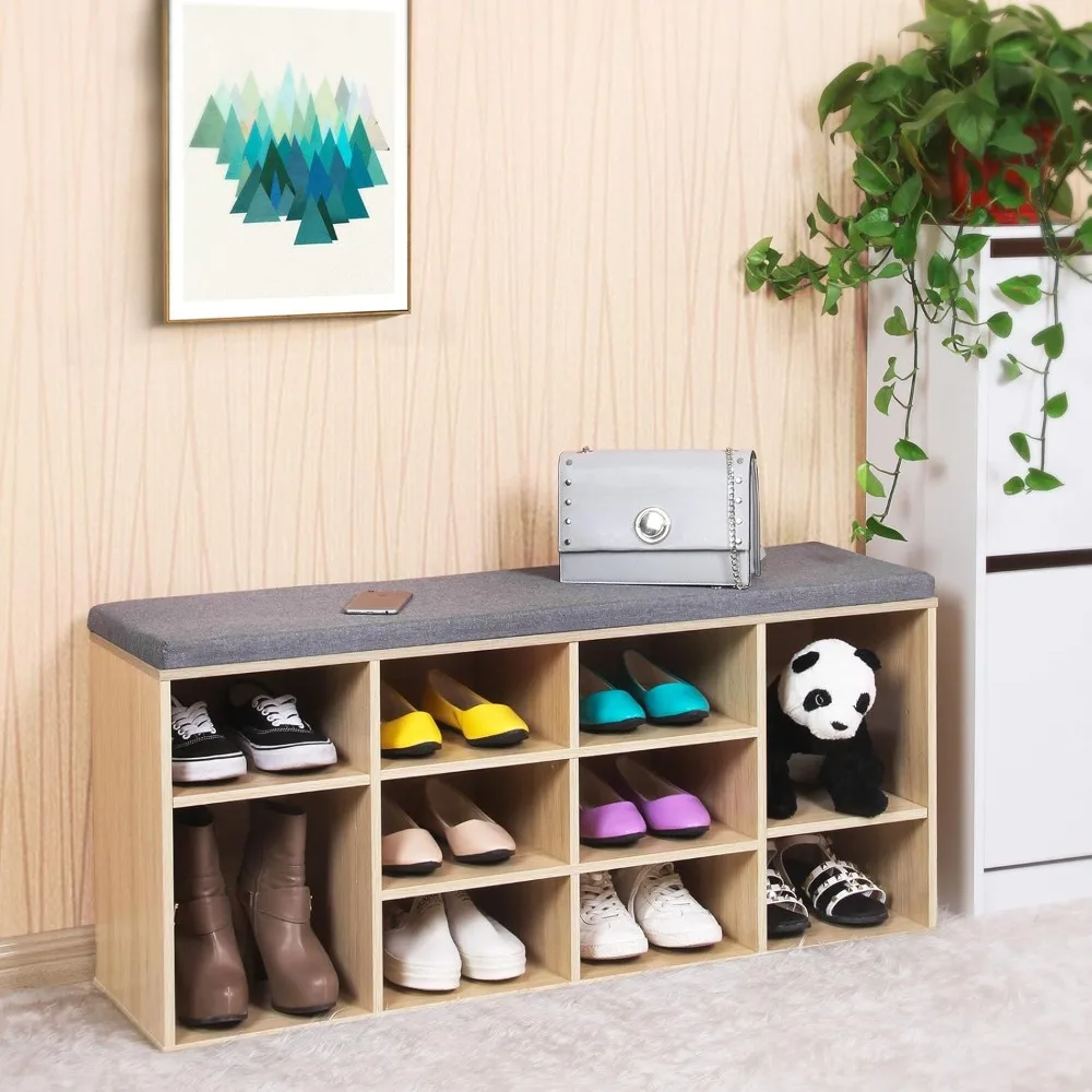 Schuhregal mit Sitz, Bank mit Stauraum, gut gepolstert, Flurbank mit 10 Fächern, verstellbare Regale