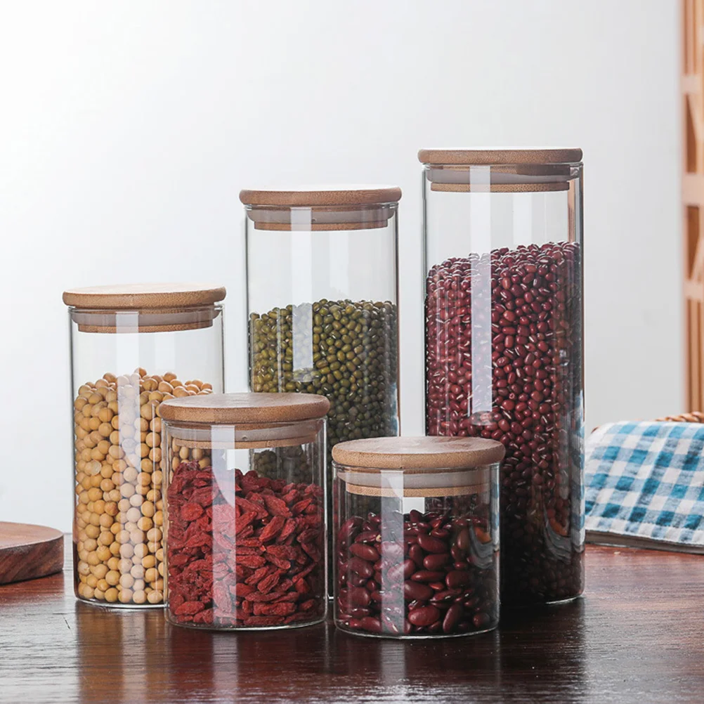 Hemoton Glass Kitchen Canisters Airtight Bamboo Lid Glass Storage Jars Kitchen Organization