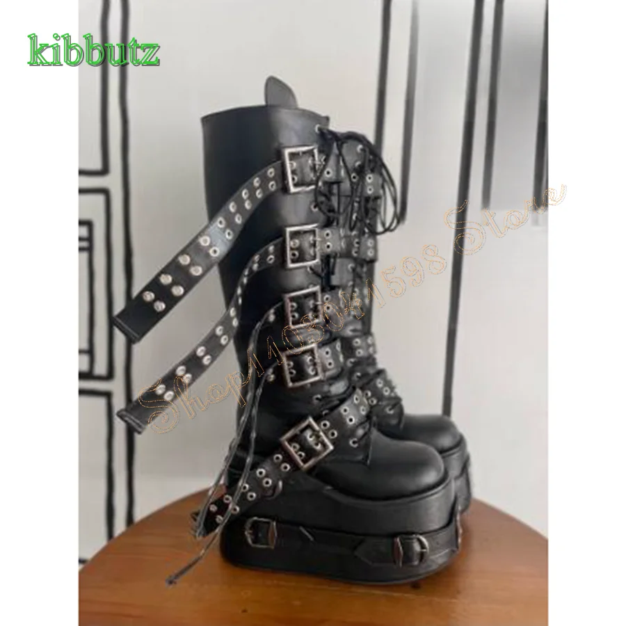 

Double Layered Platform Leather Mid Calf Boots,Round Toe Leather Buckle Strap Women Boots Plus Size 2023 New Zapatos Para Mujere