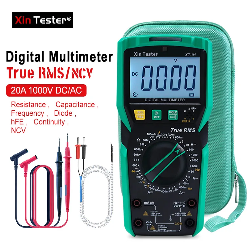 Xin Tester XT-01 Digital Multimeter Auto Ranging Voltmeter TRMS 6000 counts AC DC Volt amp ohm Capacitor temp tester Flashlight