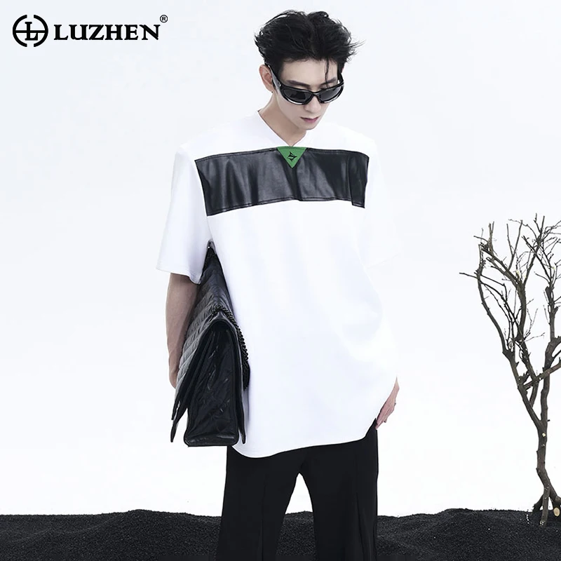 

LUZHEN Personalized Trendy Patchwork Leather Design Short Sleeved T Shirt Summer New Fashion Street Men's Korean Clothing LZ4380