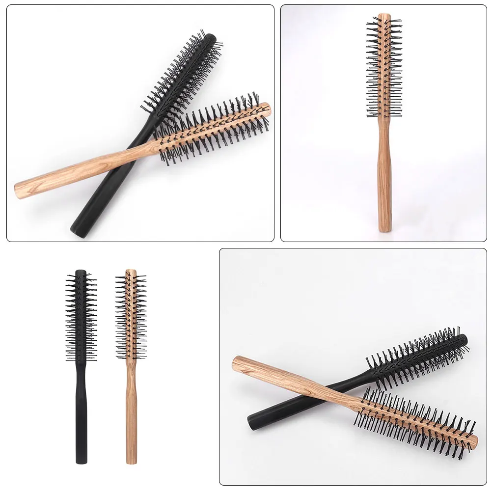 

2pcs Curly Hair Comb Blow Drying Brush Wooden Nylon Round Hairbrush for Styling Curling Home Use Mini Non Deformable