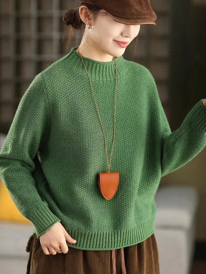 Sweter damski z dzianiny z wzorem sosny, z podwójnej bawełny, rozmiar L, z wysokim kołnierzem, modny top.