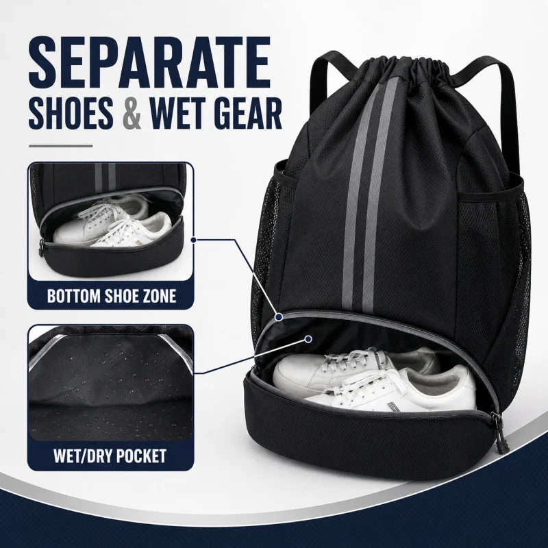 Basketball Drawstring Backpack with Shoe Compartment, Wet Dry Separation Sports Gym Bag for Swimming Training Fitness