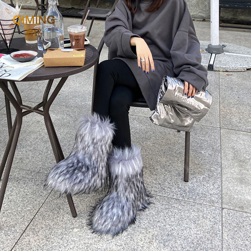 Women Faux Fur Boots Winter Fluffy Plush Warm Mid Calf Snow Boots Luxury Fashion Furry Boots Comfortable Outdoor Flat Shoes