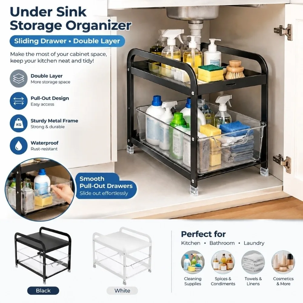 Carbon Steel Kitchen Sink Rack PET Clear Drawer Anti Slip Foot Pull Out Drawer Basket Two Layers Under Counter Organizer