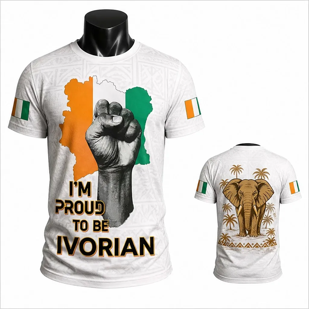 Mens Crew Neck T Shirt Ivory Coast Flag Fist Graphic Elephant Print Short Sleeve Casual Streetwear Summer Top for Men Daily Wear
