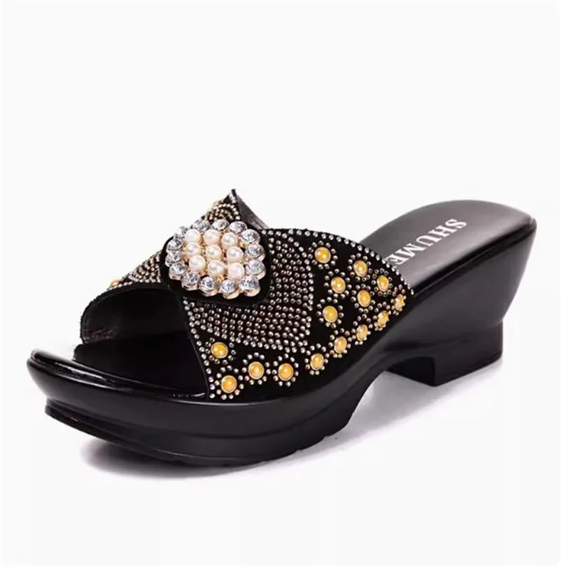 Slippers Woman Rhinestone Genuine Leather Summer Shoes Fashion Wedges Heels Sandals Women\'s Slides slipper Large Size 35--42