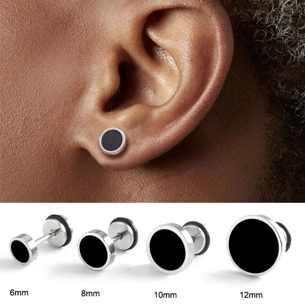 Korean Style Round Black Stud Earrings Street Wear Oil Drip Hip Hop Earring Stainless Steel Solid Color Fashion Stud Earring