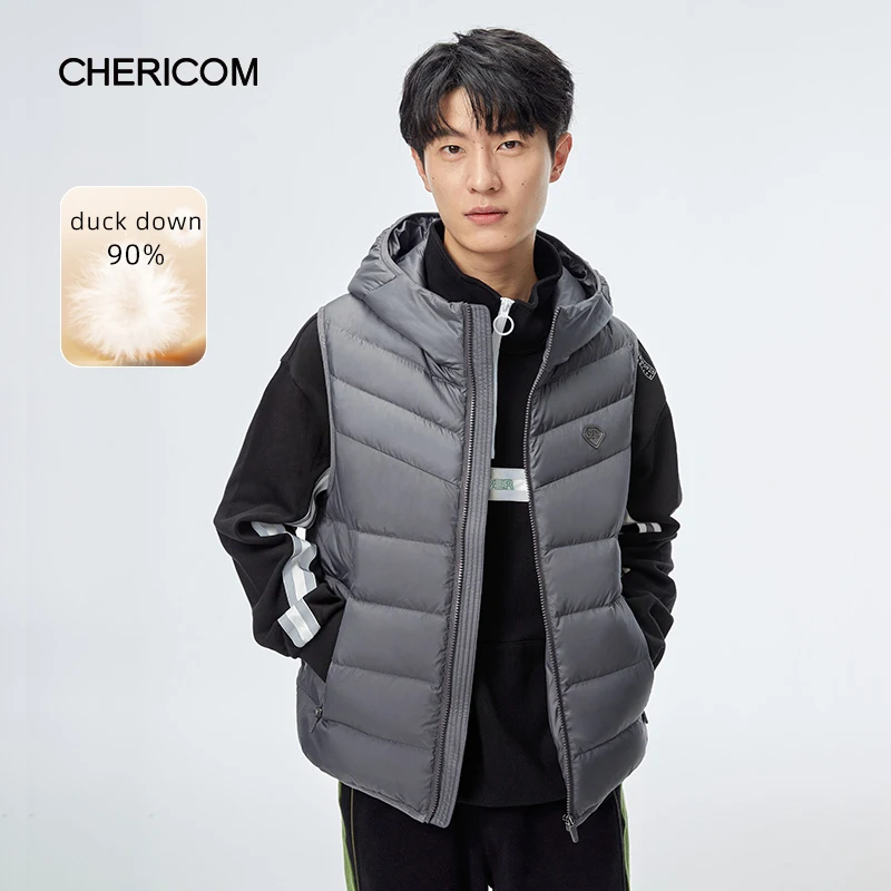 Chericom Winter Men's Short Casual Outfit Hooded Vest Down Jacket Splicing Fabric Fashion Light Sleeveless Jacket 289955