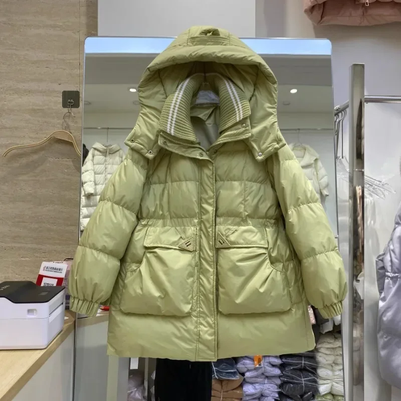 Mid-Length Down Jacket Women 2024 Winter New Korean Fashion Waist Cinching Design Sweet Slimming Thick Loose Hooded Coat Female