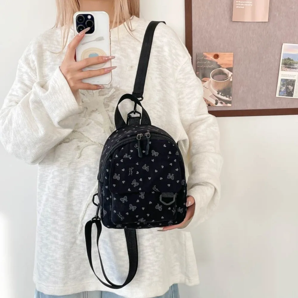 

Casual Adjustable Shoulder Strap Crossbody Bag Corduroy Bow Pattern Mini Rucksack Lightweight Travel Backpack Women