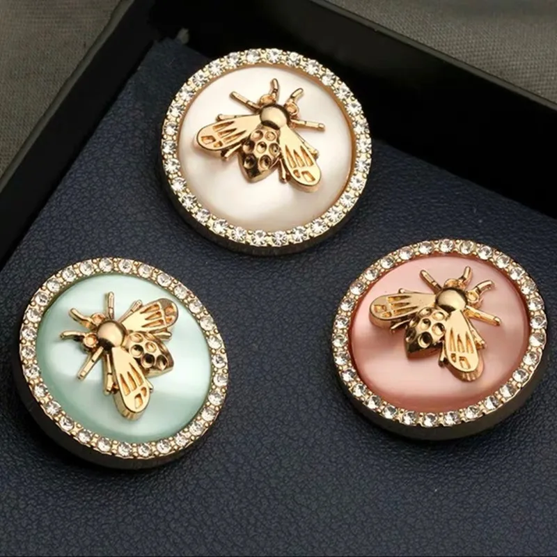 6Pcs Fashion Antique Rhinestone Decor Metal Gold Bee Pink Blue Pearl Buttons For Clothes Coat Cardigan Sweater Sew Needlework