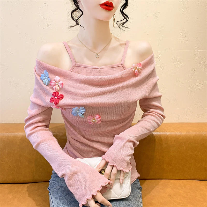 

2025, новинка, осень, зима, одежда, вязаный, свитер, женский, шикарный, сексуальный, с воротником, трехмерный цветок, топы, длинный рукав, пуловер, 41166