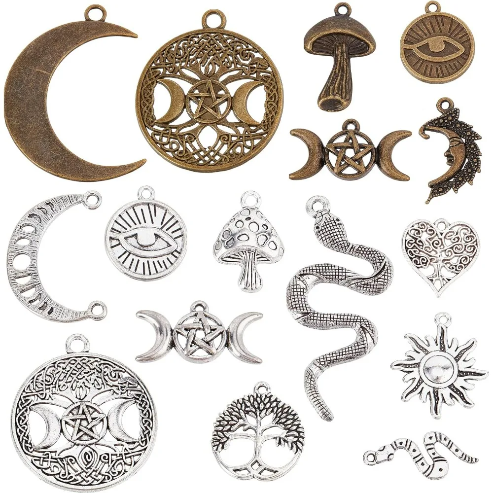 1 Box 64Pcs Tarot Style Moon Phase Charms Tree of Life Charm Triple Goddess Moon Snake Sun Mushroom Ouijas Round Metal kit