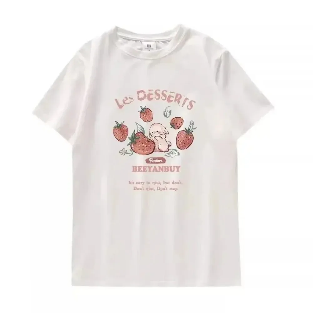 Y2k Summer New Cartoon Strawberry Rabbit T-shirt Harajuku Short-sleeved Loose Plus Size Top, Women All Match Casual T-shirt