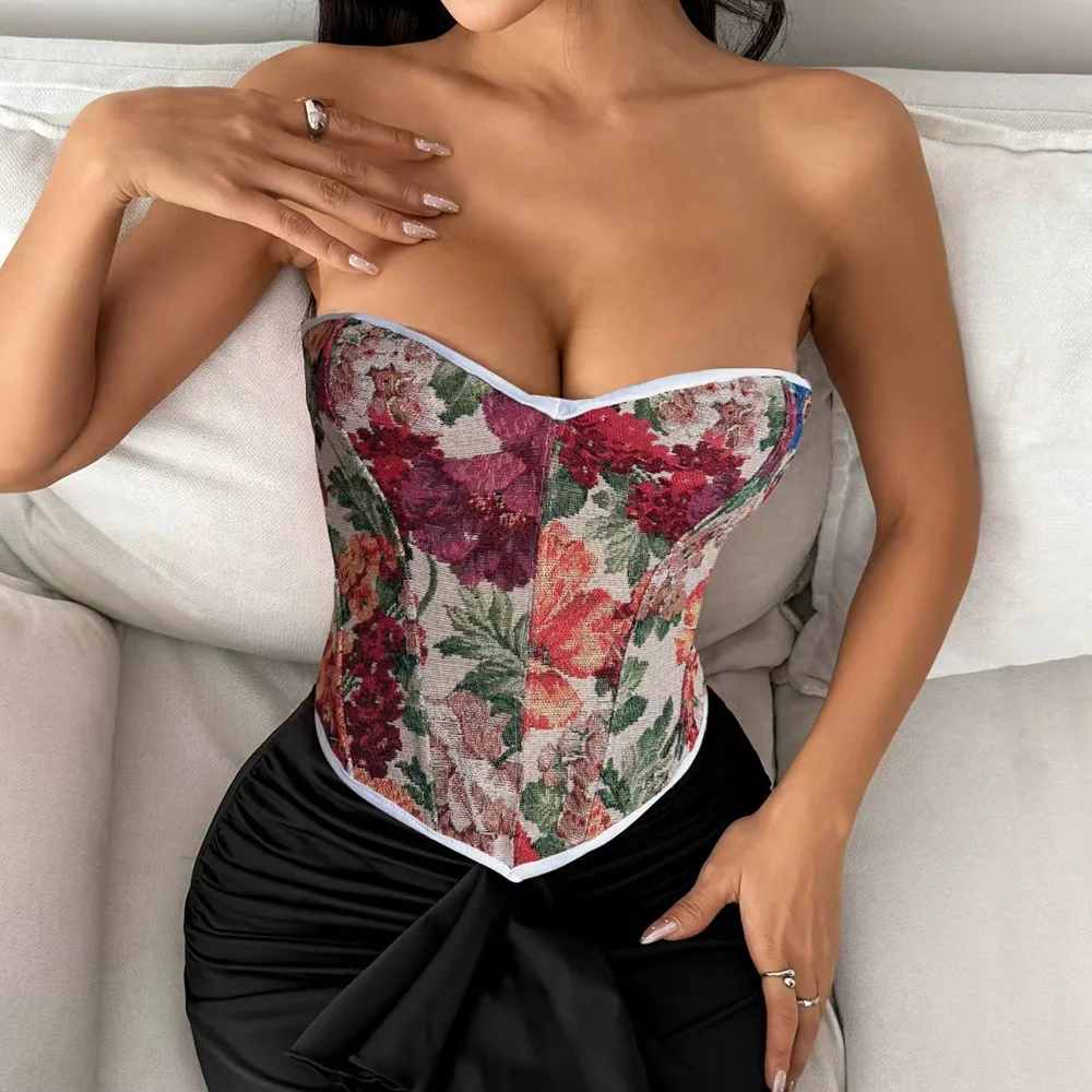 

Women's Bodycon Fishbone Corset Bracket To Jacquard Tie-Up Design Printed Vest Y2K Sexy Party Spice Girl Summer New Women Tops
