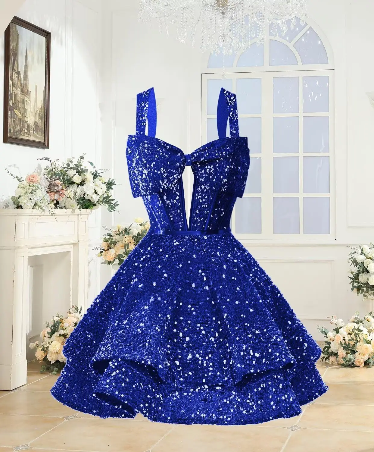 Sparkly Sequin Bow Homecoming Dresses for Teens Spaghetti Straps Mini Prom Cocktail Dress Graduation Dress Evening Dresses