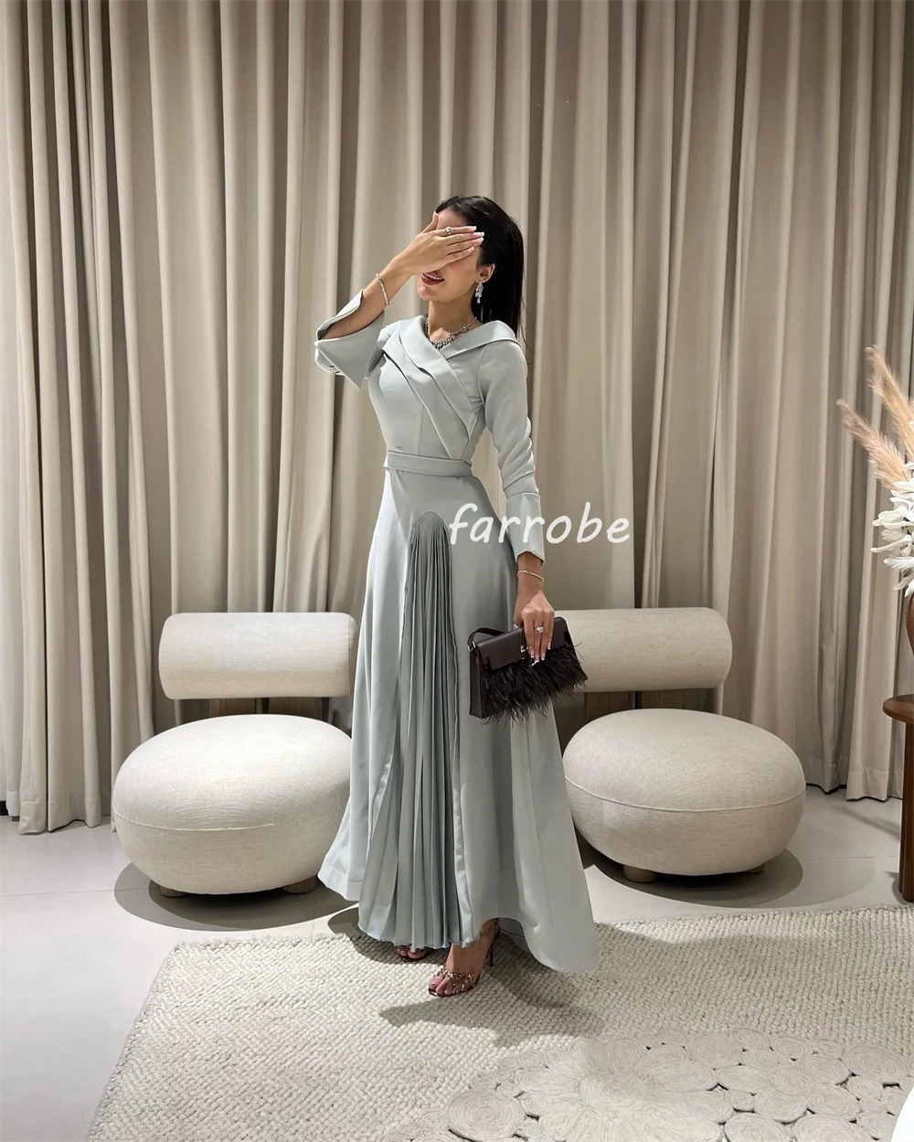 Customized Modern Style Pleat Sash Draped A-line V-neck Midi Dresses Bespoke Occasion Dresses High Quality Formal Elegant