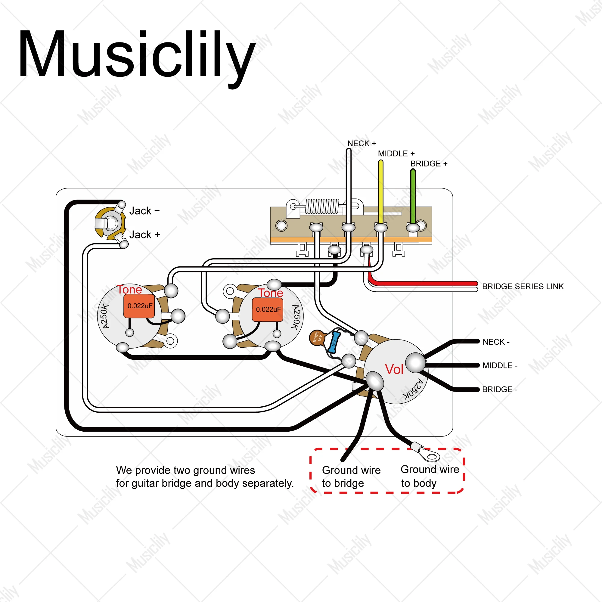 Musiclily Pro Auto-Split Pre-wired Wiring Harness Upgrade for American Style ST HSS with 5-Way Switch and 3A Pots, Nickel Jack