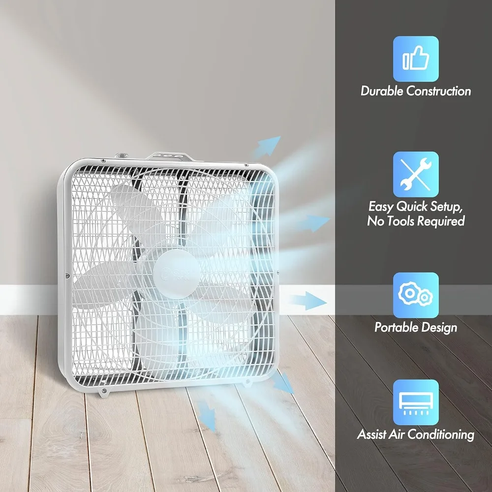 Box Fan with Carry Handle, 20 inch, 3 Speed Full-Force Air Circulation Window Fan, Bedroom Floor Fan with 5 Blades