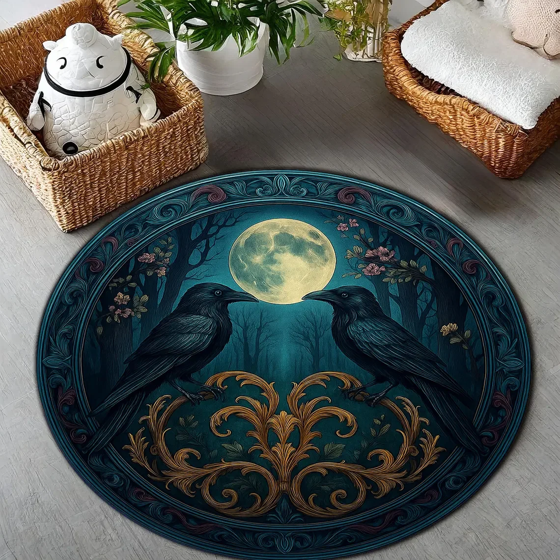 Raven and Full Moon Round Rug Gothic Witchy Carpet with Celestial Stars and Botanical Accents for Dark Boho Home Decor Mat