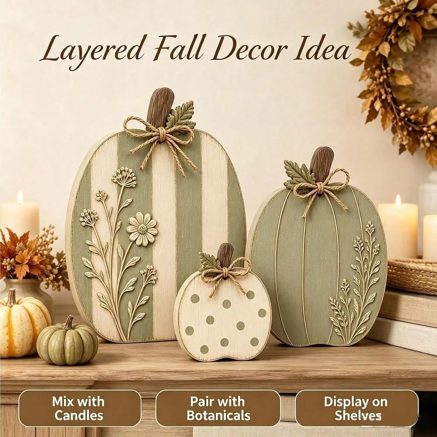 Raised Wildflower Solid Wood Pumpkin Trio, Fall Decor | Mantel Entryway Table Shelf - Fall Decor | Rustic Wooden Pumpkins And Home Table Decoration Kits