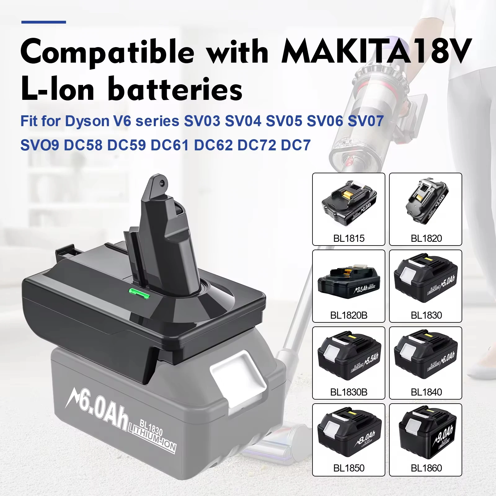 ตัวแปลงแบตเตอรี่ลิเธียม18V สำหรับ Dyson V6 V7 V8ซีรีส์สำหรับ makita/dewalt/milwaukee Converter เครื่องดูดฝุ่นทำความสะอาด ToolDC58 SV11 SV10