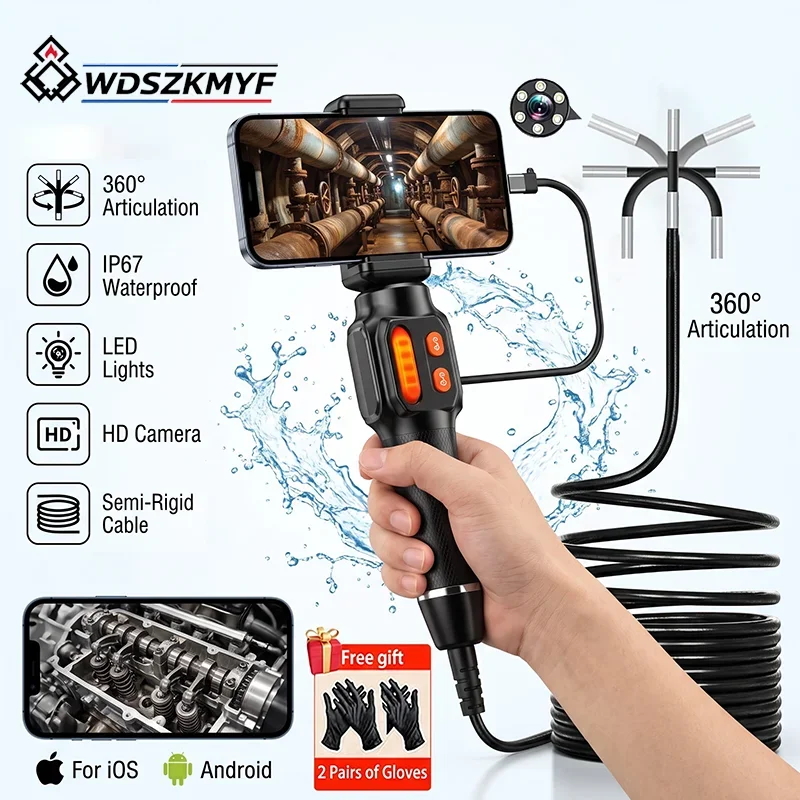 6mm 4K UHD Articulated Endoscope Camera 360 Degree Rotation IP67 Waterproof Borescope Automotive Inspection Camera For iOS Andro