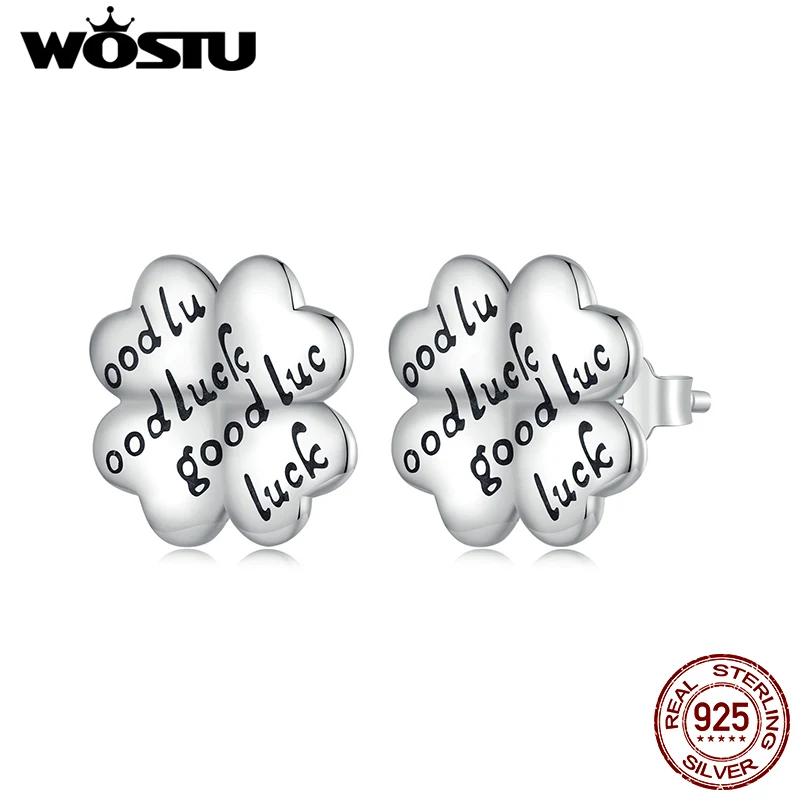 WOSTU Original 925 Sterling Silver Lucky Clover Earrings for Women Girls Fine Lettering Jewelry Birthday Graduation Party Gift