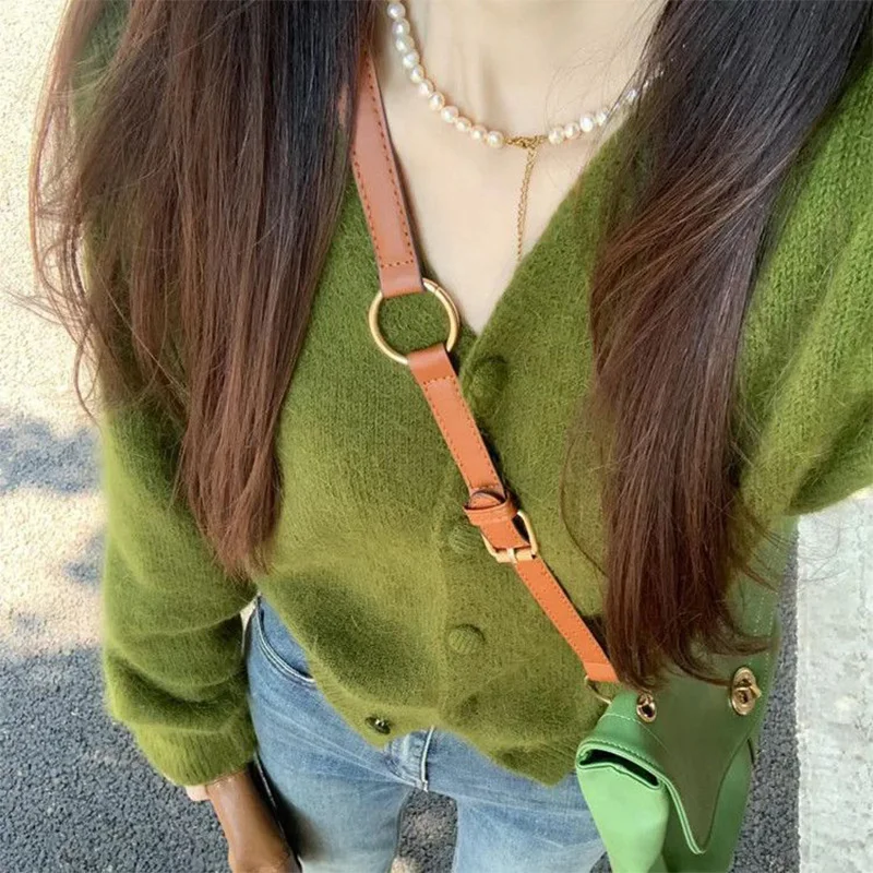 Avocado Green V-neck Cardigan Sweater for Women's Spring Autumn Solid Color Lazy Style Retro Knitted Sweater Jacket for Women