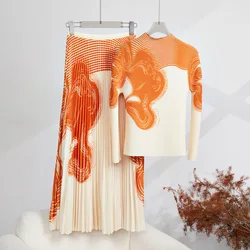 Miyake Runway Two Piece Set Women Flower Print High Stretchy Pullover T-Shirts + Pleated Long Skirts Suit Female Outfits