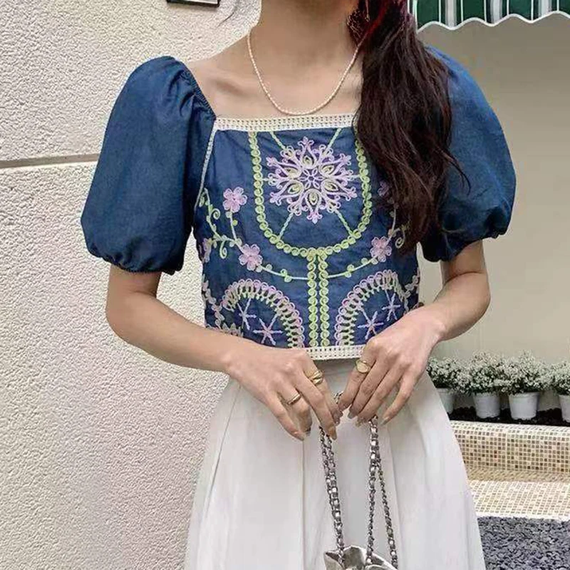 Square Neck Puff Sleeve Tops Women Embroidery Flower Smocked Back Lightweight Jean Blouse Spring Summer Fairycore Outfit