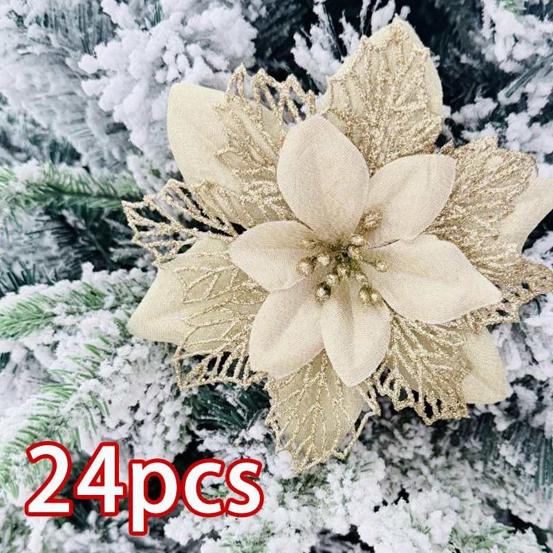 24 عبوة من زهور البونسيتة المصنوعة من قماش البونسيتة لعيد الميلاد من الزهور الاصطناعية للشجرة والأكاليل وحفلات العطلات وديكور الزفاف #1