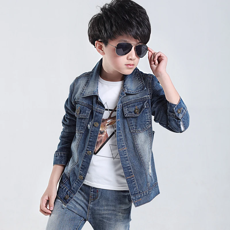 4-14 Yrs Old Boys Denim Jacket All-Matched 2023 Spring Fall Children Solid Washed Casual Coat Male Kids Holes Outerwear Clothes