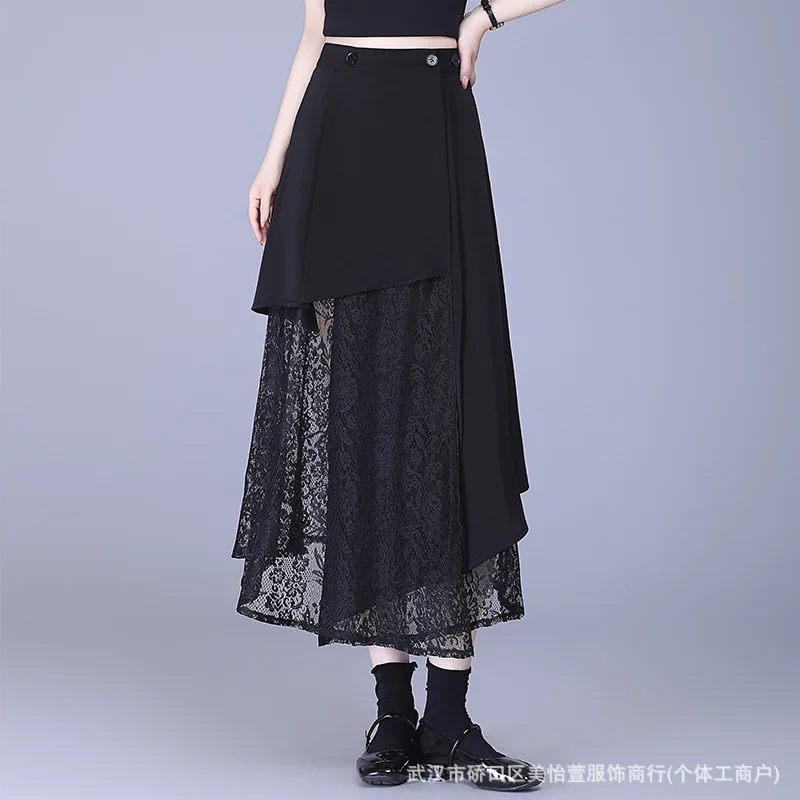 Irregular black lace summer 2025 new thin long slim high waist foreign A-shaped  y2k skirt slim fit korean fashion clothing