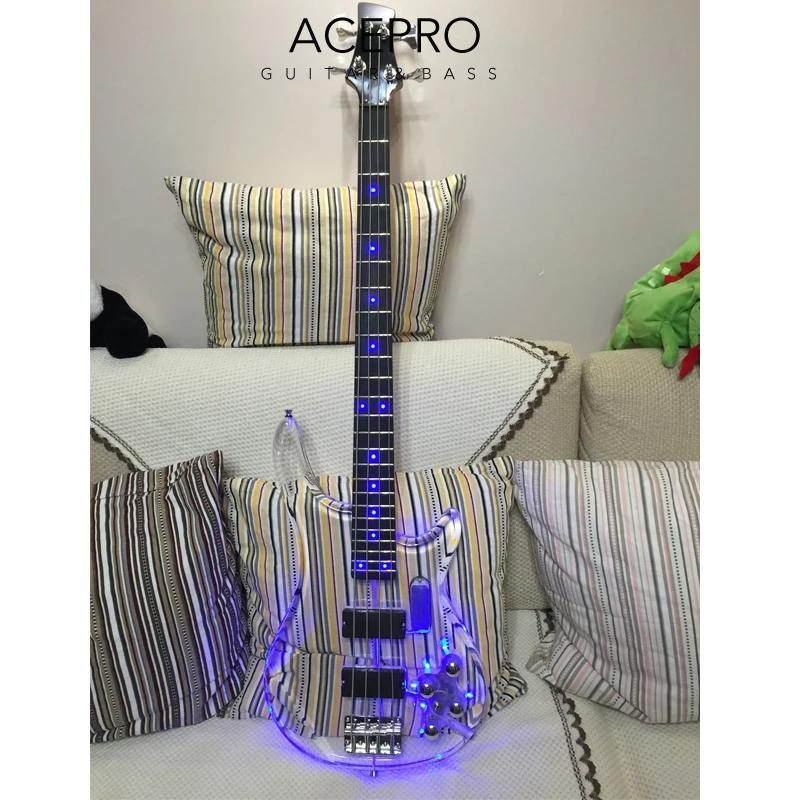 4 String Electric Bass Transparent Acrylic Bass Guitar Maple Neck Green Blue White Colorful Optional LED Lights