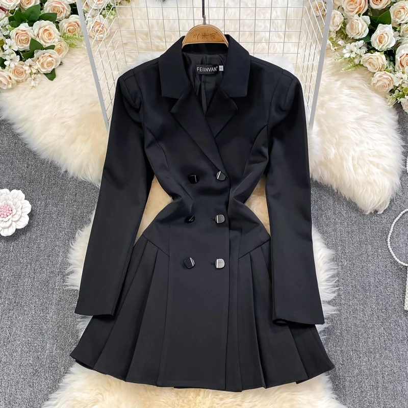 

Ele Mid-Length Bla Pleated Suit Dr Slimming High Waist Korean Sle Long Sve A-Line Dr Faionable Autumn Wear