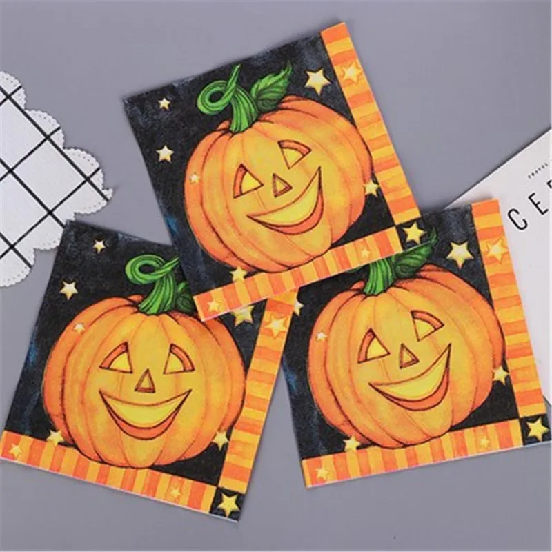 20Pcs/bag Pumpkin Spider Skull Head Printed Disposable Napkin Paper Tableware Tissues Halloween Party Decoration