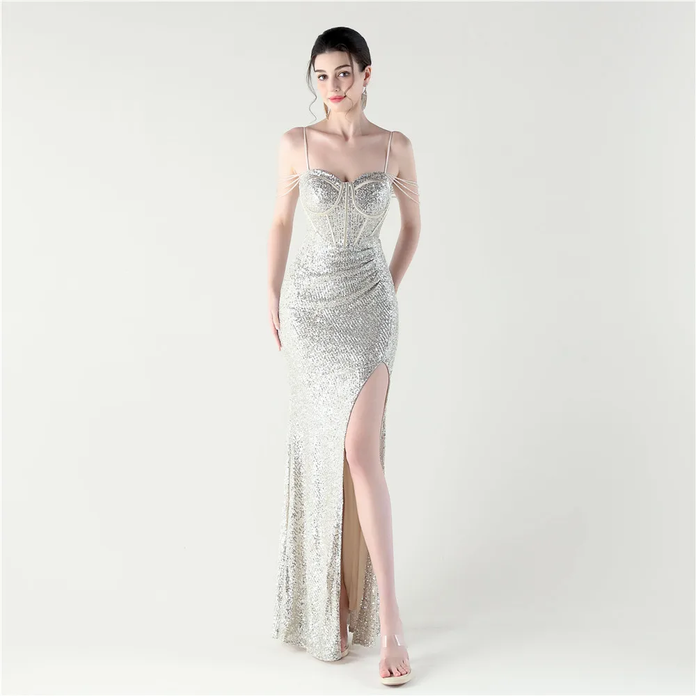 

Women's Luxury Beading Evening Dresses Long Chic Mermaid Slit Party Dress Prom Gown Strap Formal Occasion Dress Long