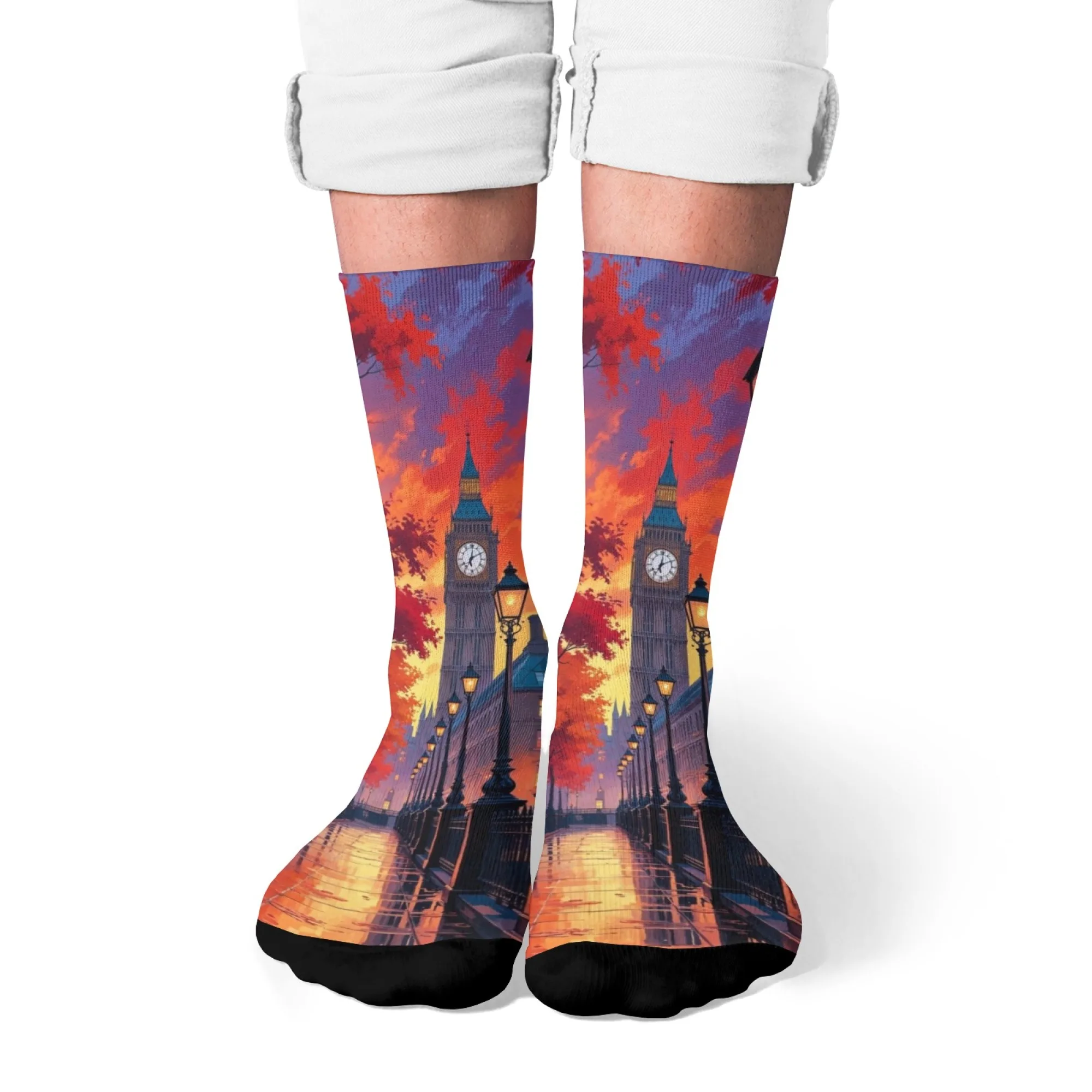 London Big Ben Socken mit Cartoon-Aufdruck, Unisex, auf Reisen inspiriert, Neuheit, lustige, fröhliche Crew-Socken, Street-Hip-Hop-Socken im Harajuku-Stil